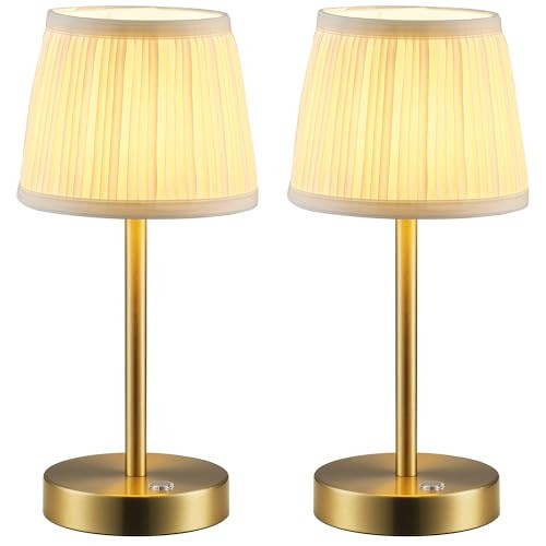 PUSU 2 Pack Cordless LED Gold Table Lamps, Rechargeable 4000mAh 3 Way Dimmable Bedside Small Lamp with Fabric Shade, Lighting for Bedroom, Kids Room, Bathroom, Kitchen, Decor, Gift, Night Light | Amazon (US)