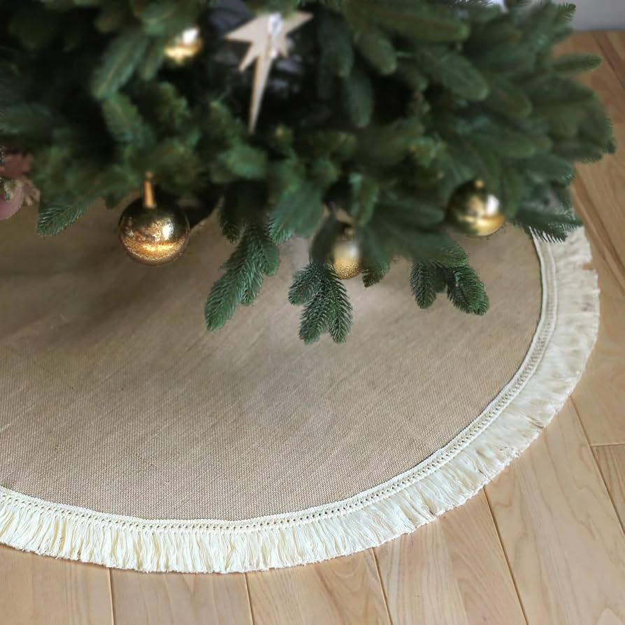ORTIGIA 48 Inch Christmas Tree Skirt Linen Burlap with Fringe Trim Farmhouse Rustic Christmas Tre... | Amazon (US)
