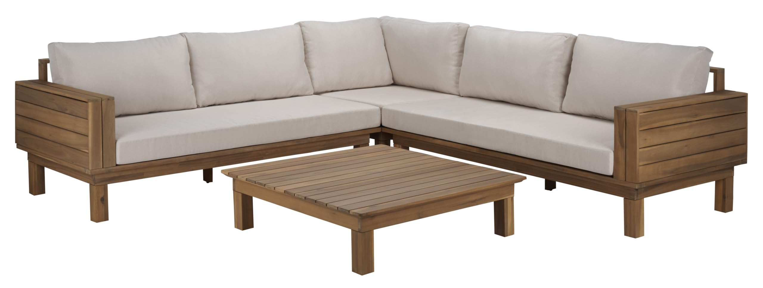 SAFAVIEH Outdoor Patio Furniture Collection - Napoli Oak Brown & Cream Solid Wood 4-Piece Section... | Amazon (US)