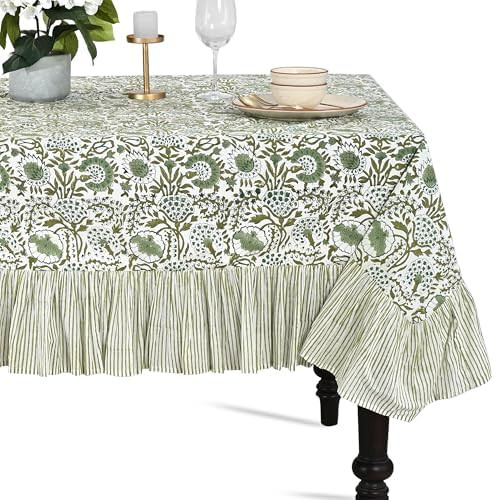 CPC Agate Green Block Print Ruffle Tablecloth 100% Cotton 90" x 60" Rectangular Floral Table Cove... | Amazon (US)