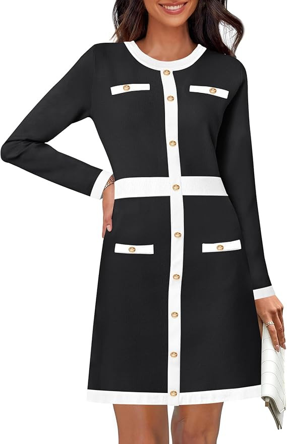 MEROKEETY Women's Long Sleeve Bodycon Sweater Dress Crewneck Color Block Button Knit Formal Midi ... | Amazon (US)