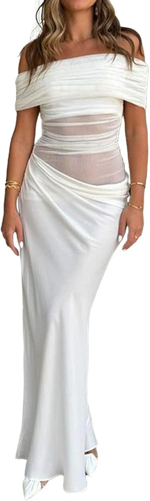 Women Off Shoulder Maxi Dress Sheer Mesh Ruched Long Dress Sexy Y2k Dresses Beach Clubwear | Amazon (US)