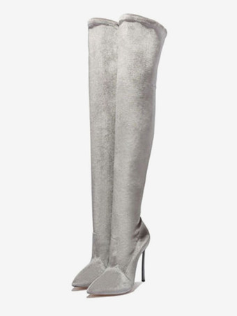 Over The Knee Boots Elastic Fabric Rose Pointed Toe Stiletto Heel Thigh High Boots | Milanoo