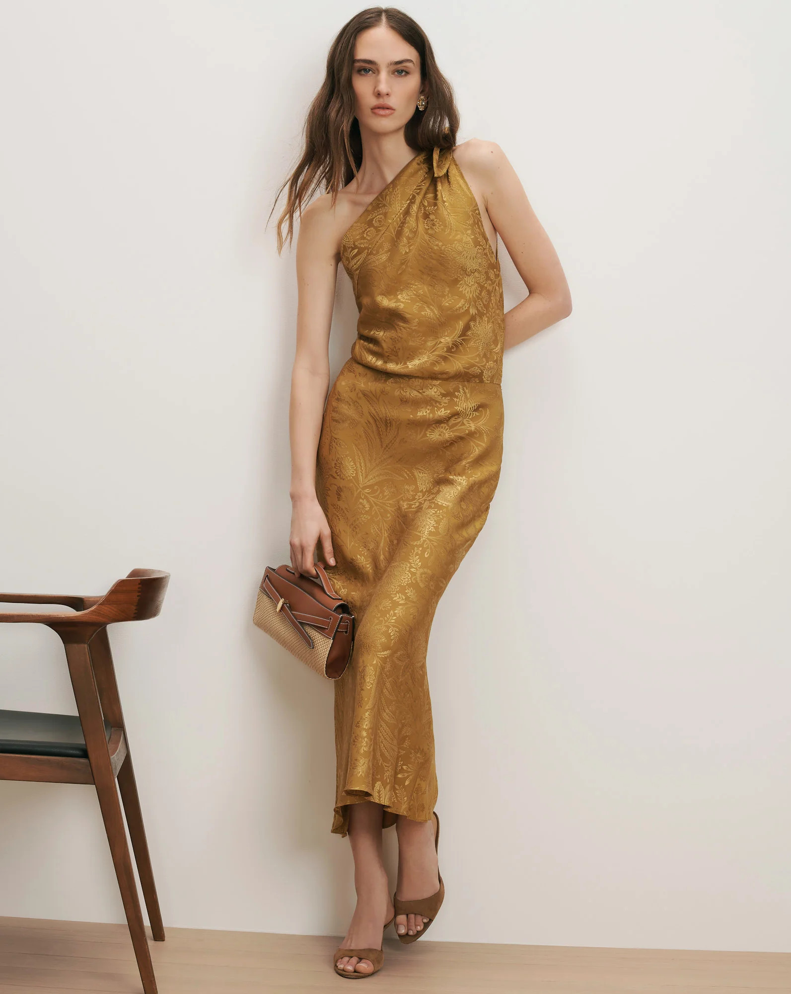 Grycen One-Shoulder Jacquard Midi Dress in Gold Ochre | Veronica Beard | Veronica Beard