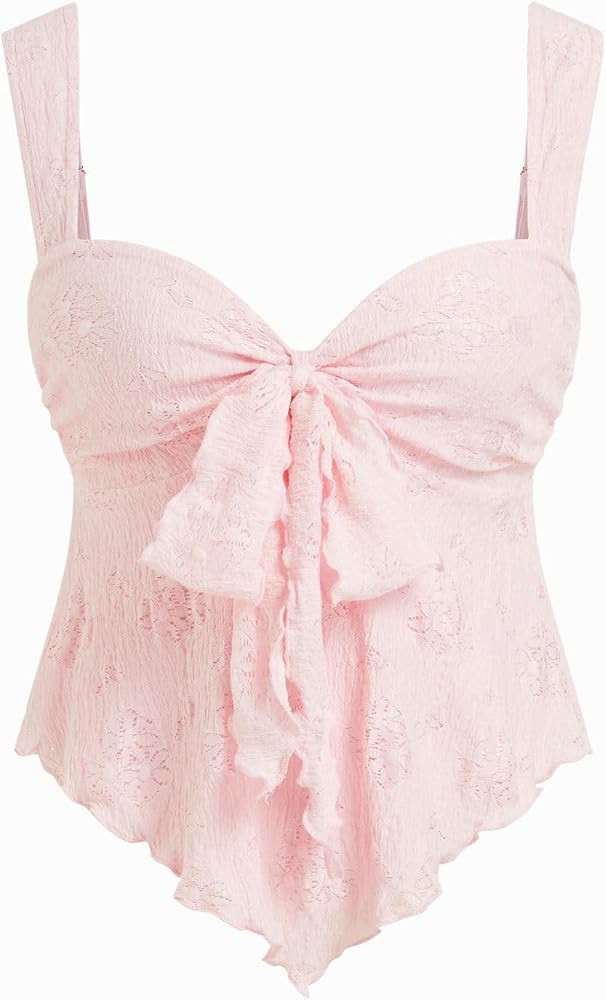 CIDER Floral Babydoll Tops for Women Lace Mesh Cute Bow Tie Sleeveless Going Out Tank Tops Trendy... | Amazon (US)