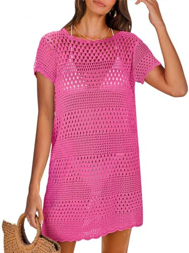 ANRABESS Women Swimsuit Crochet Swim Cover Up Summer Bathing Suit Swimwear Knit Short Sleeve Pullover 2025 Beach Dress Medium Hot Pink | Amazon (US)