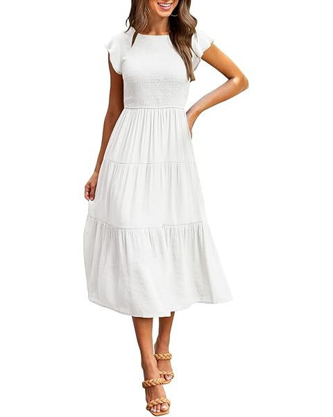 MEROKEETY Flutter Sleeve Smocked V Neck Casual Tiered Midi Dress Dresses | Amazon (US)