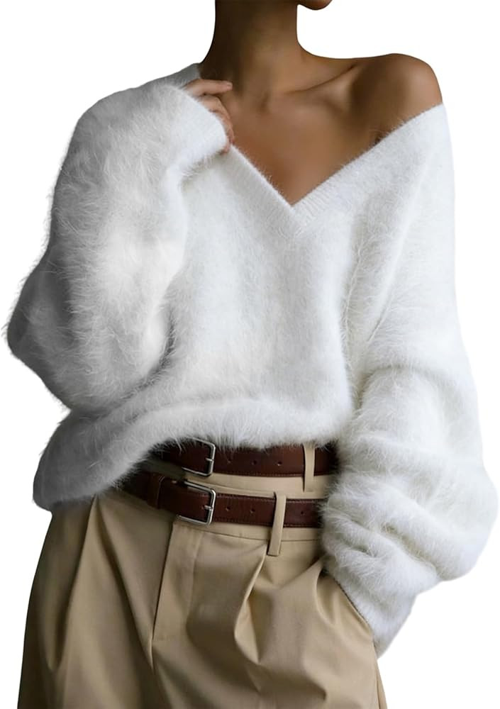 Yimoon Fuzzy Sweater for Women V Neck Long Sleeve Soft Chunky Pullover Sweater Loose Slouchy Fluf... | Amazon (US)