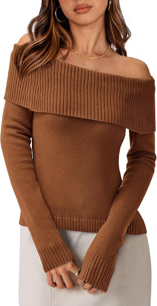 PRETTYGARDEN Women's Fall Off Shoulder Sweaters Y2K Long Sleeve Ribbed Knit Fitted Pullover Tops ... | Amazon (US)