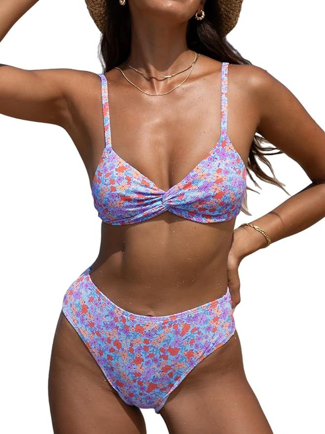 CUPSHE Women's Bikini Sets Two Piece Bathing Suit V Neck Front Twist Mid Rise Back Hook Adjustabl... | Amazon (US)