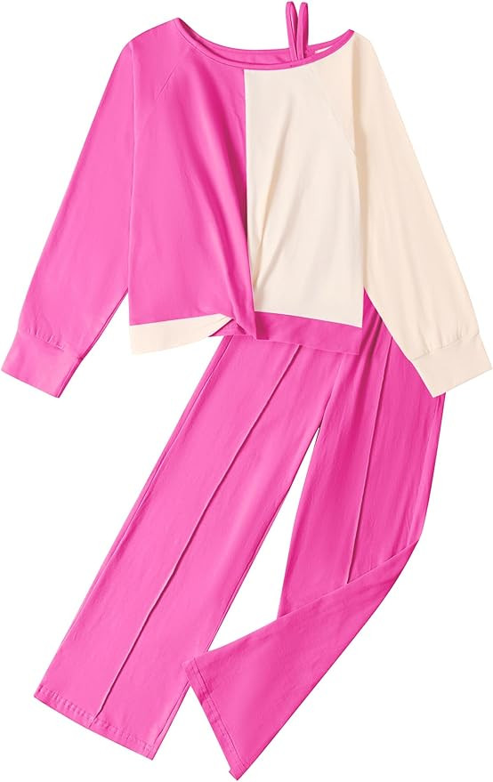 Girls Clothes Twist Knot Color Block Loose Fit Cold Shoulder Top and Solid Color Wide-lege Pants ... | Amazon (US)