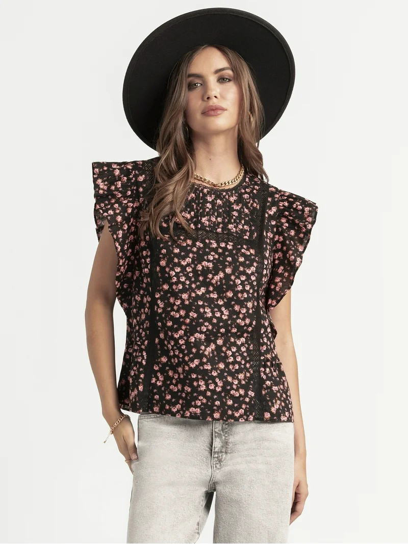 Jessica Simpson Women’s Bowie Cotton Blouse with Ruffle Sleeves, Sizes XS-XL | Walmart (US)