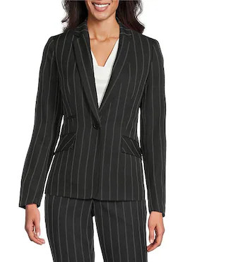 Pinstripe Notch Collar Long Sleeves Besom Pocket Button Front Jacket | Dillard's