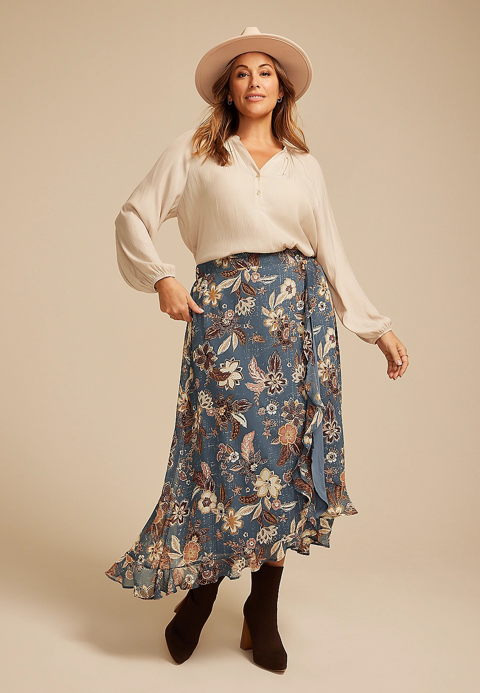 Plus Size Blue Floral Faux Wrap Maxi Skirt | Maurices