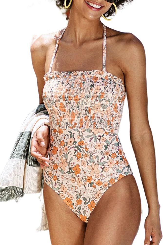 CUPSHE One Piece Swimsuit for Women Bathing Suit Floral Backless Halter Removable Spaghetti Strap... | Amazon (US)
