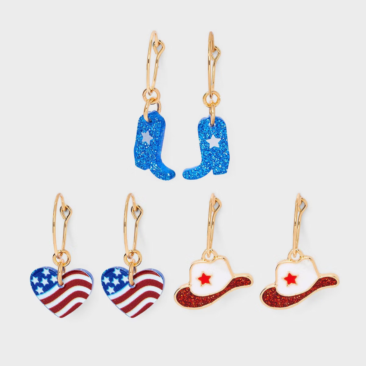 Americana Heart Boot and Hat Hoop Earring Set 3pc - Red/White/Blue | Target