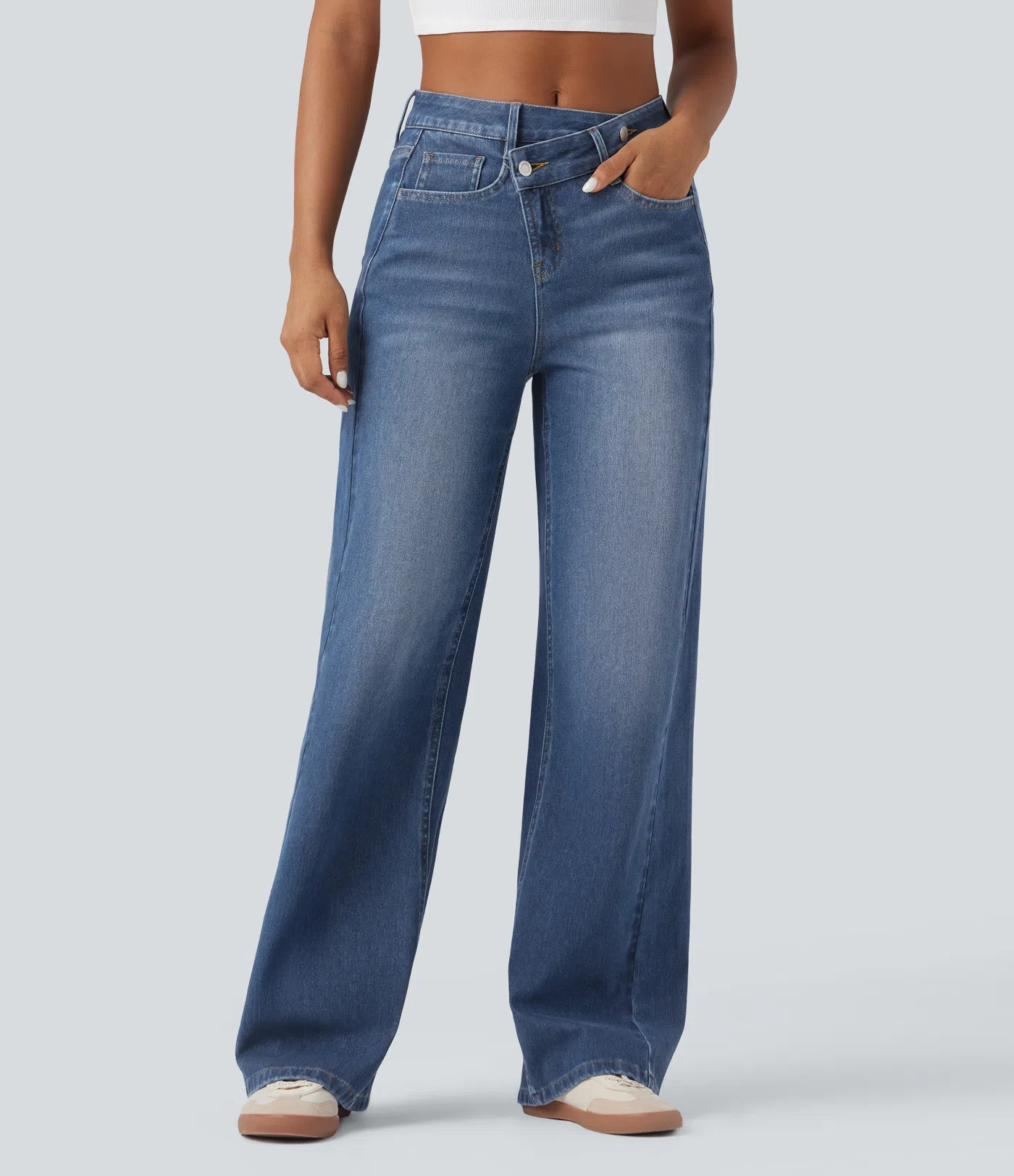 Women’s Halara Flex™ Asymmetric High Waisted Washed Casual Baggy Jeans with Pockets - Halara | HALARA