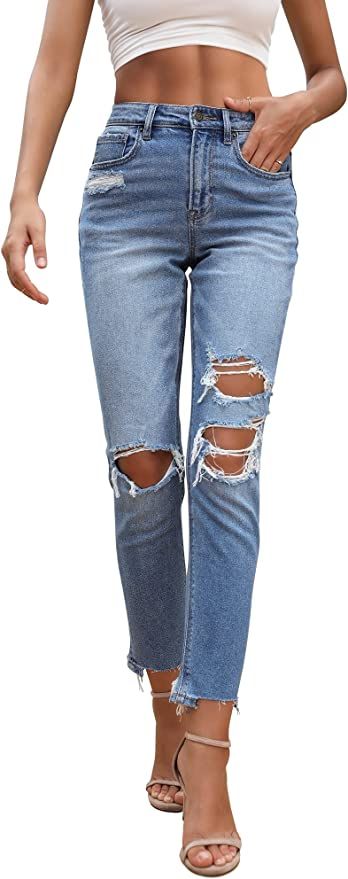 OFLUCK Women Stretch Ripped High Waisted Jeans Frayed Raw Hem Distressed Denim Pants with Hole | Amazon (US)