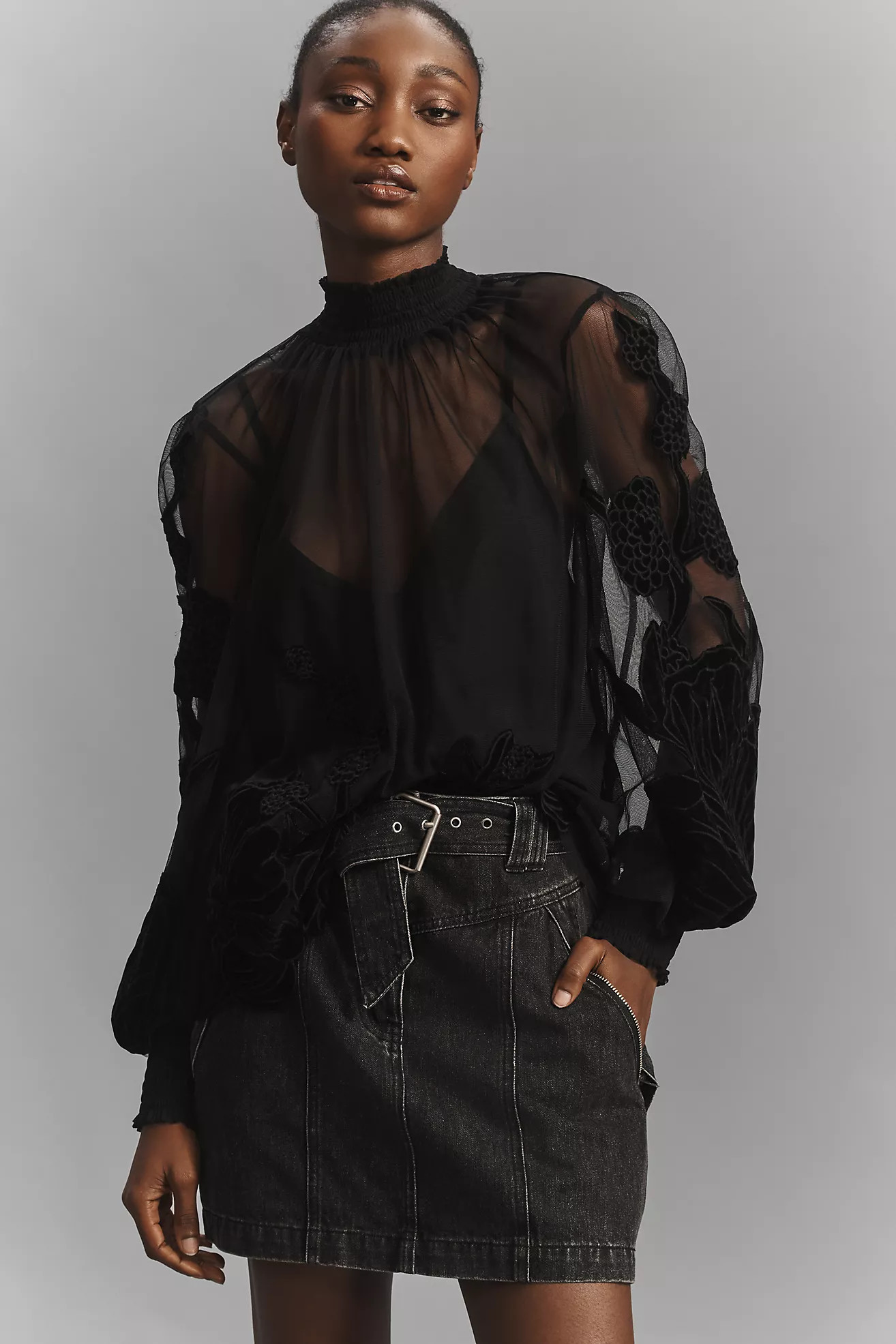 By Anthropologie Long-Sleeve Sheer Velvet Appliqué Blouse | Anthropologie (US)