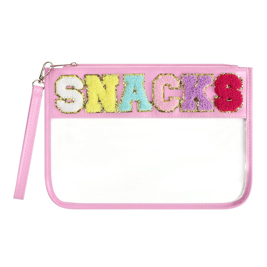 Clear Snack Bag for Travel, Chenille Letter Clear Zipper Snacks Pouch Nylon Cosmetic Bag Makeup T... | Amazon (US)