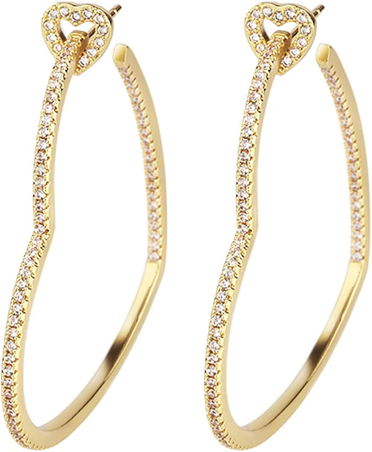Heart Hoop Earrings - Rhinestone Heart Hoop Earrings Plated in Gold/White Gold for Women - Heart Ear | Amazon (US)