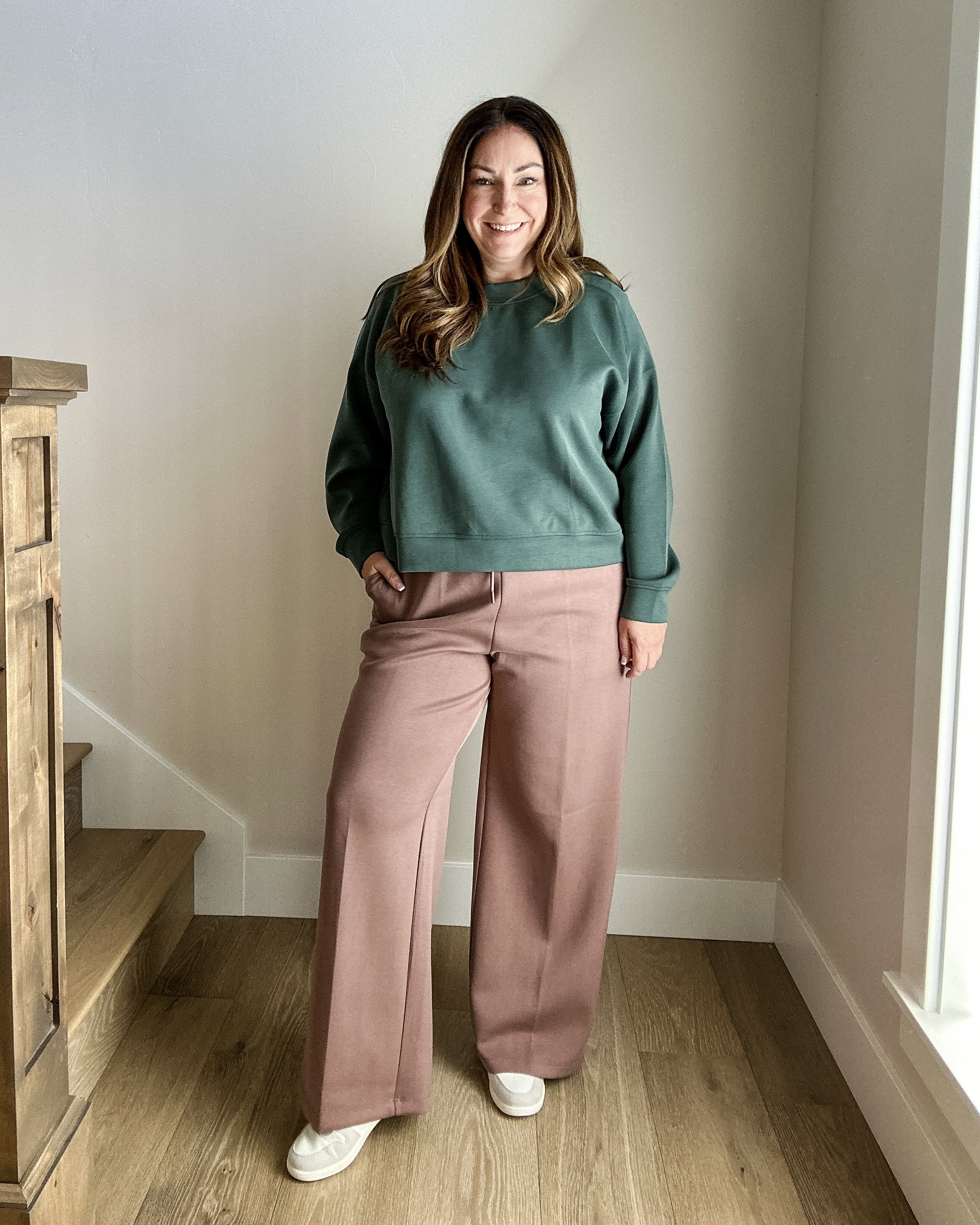 Fall casual weekend outfits with airy wide leg pants from Target and super soft crewneck pull over wearing both in a large 



#LTKMidsize #LTKActive #LTKFindsUnder50