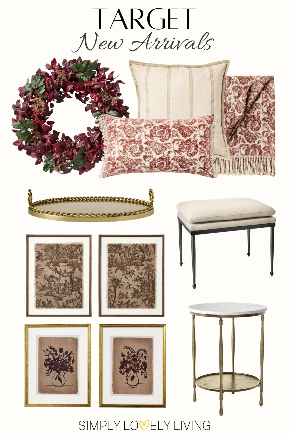 New Arrivals at Target from Threshold with Studio McGee! Fall throw pillows and throw blankets. Fall wreath. Golden tray. Metal upholstered ottoman. Marble accent table. Wall art. Framed art. Vintage art. Floral art. #Falldecor #Target

#LTKHome #LTKSeasonal