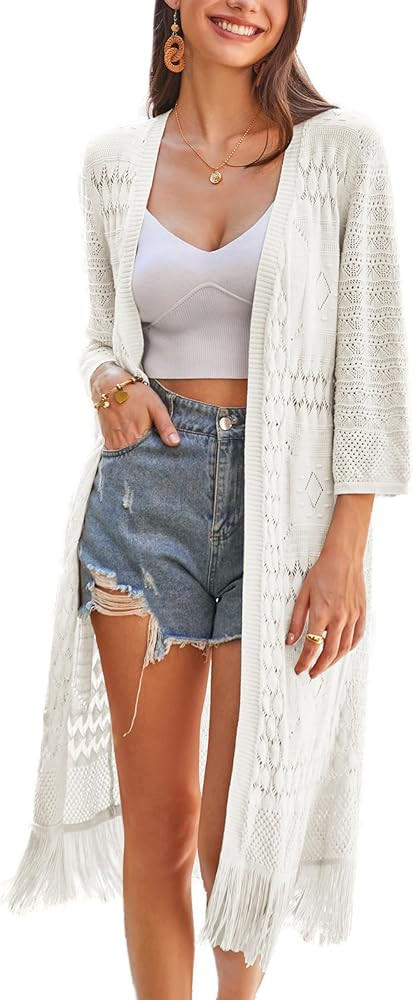 GRACE KARIN Womens Knit Cardigan Crochet Hollow Out Tassel Boho Kimonos Cardigan 2024 Open Front ... | Amazon (US)