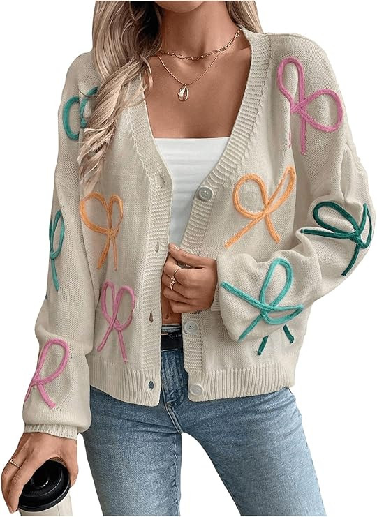 WDIRARA Women's Bow Cardigan Button Down V Neck Long Sleeve Drop Shoulder Knit Sweater | Amazon (US)