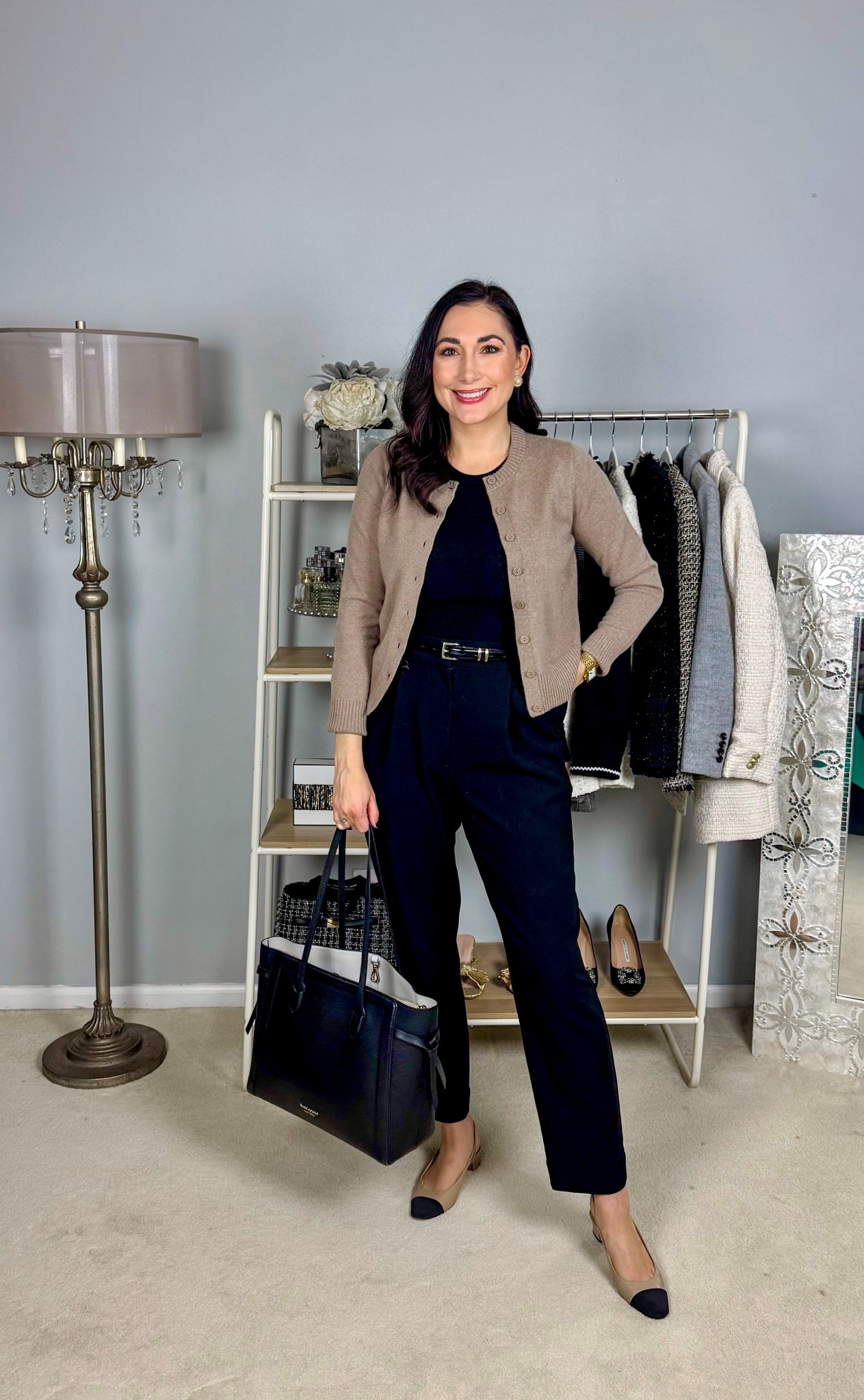 Classic work outfit 🤎🖤 My cashmere cardigan is 25% off today!! 

Tan cashmere cardigan size small, TTS
Black cashmere tee size small, very fitted but TTS
Black pants 
Cap toe sling backs size 7 narrow, should have got regular width and possibly sized up to 7.5
Black tote bag

Work wear 
Business Casual 
Business professional 
Neutral outfit 


#LTKWorkwear #LTKSaleAlert #LTKSpringSale