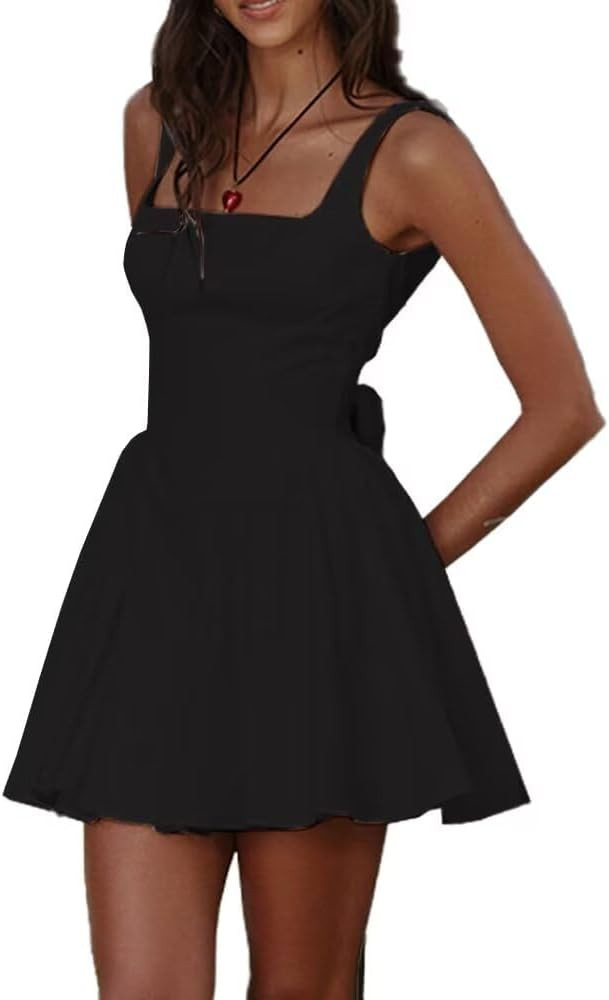 Womens Square Neck Dress Sleeveless Backless Swing A-Line High Waist Tie Waist Ruffle Hem Summer ... | Amazon (US)