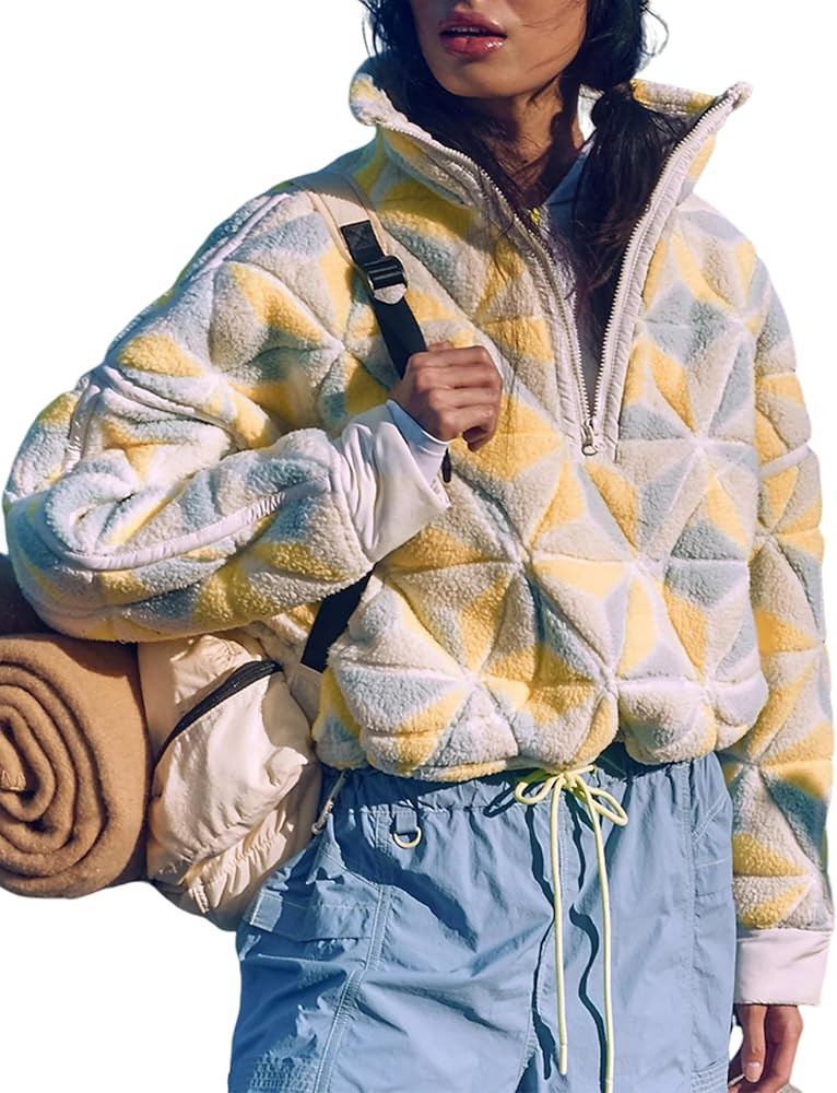 Women's Fleece Sweatshirts Half Zip High Neckline Pullover Long Sleeve Rhomboid Seams Winter Jack... | Amazon (US)