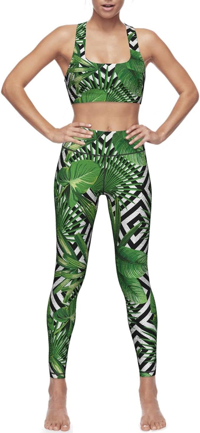 Women's Legging Workout Set,2 Pieces Yoga Leggings with Sports Bra Green Leaves of Palm Tree Trop... | Amazon (US)