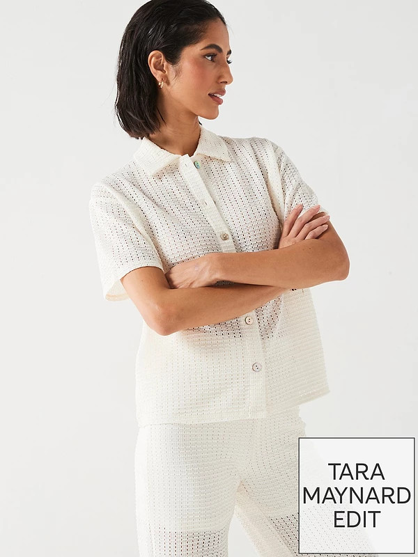 V by Very Crochet Button Through Shirt - Cream | Very (UK)