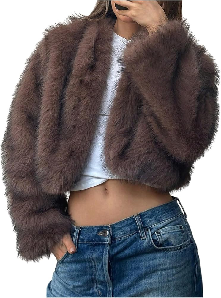 WDIRARA Women's Faux Fur Coat Open Front Long Sleeve Cropped Jacket Fuzzy Outerwear | Amazon (US)