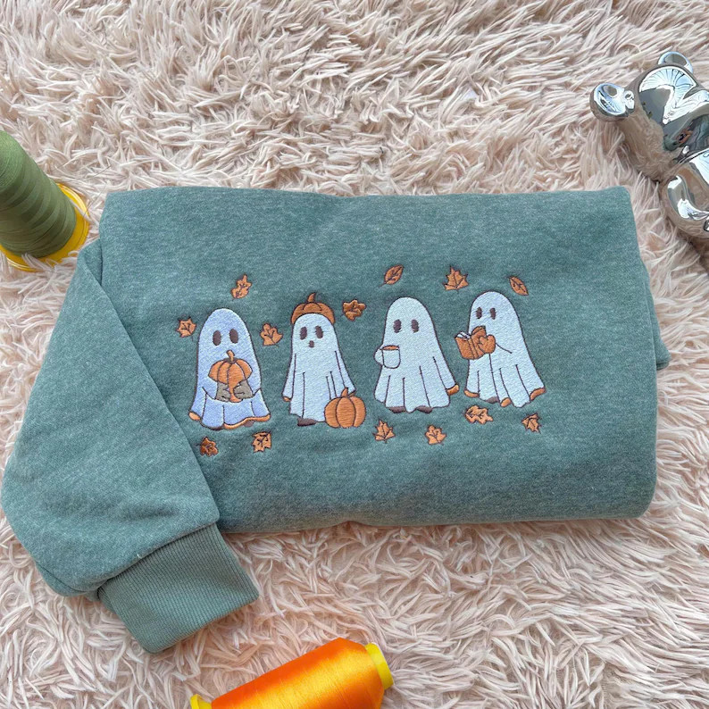 Embroidered Ghost Fall Sweatshirt, Embroidered Ghost Pumpkin Hoodie, Spooky Season Shirt, Hallowe... | Etsy (US)