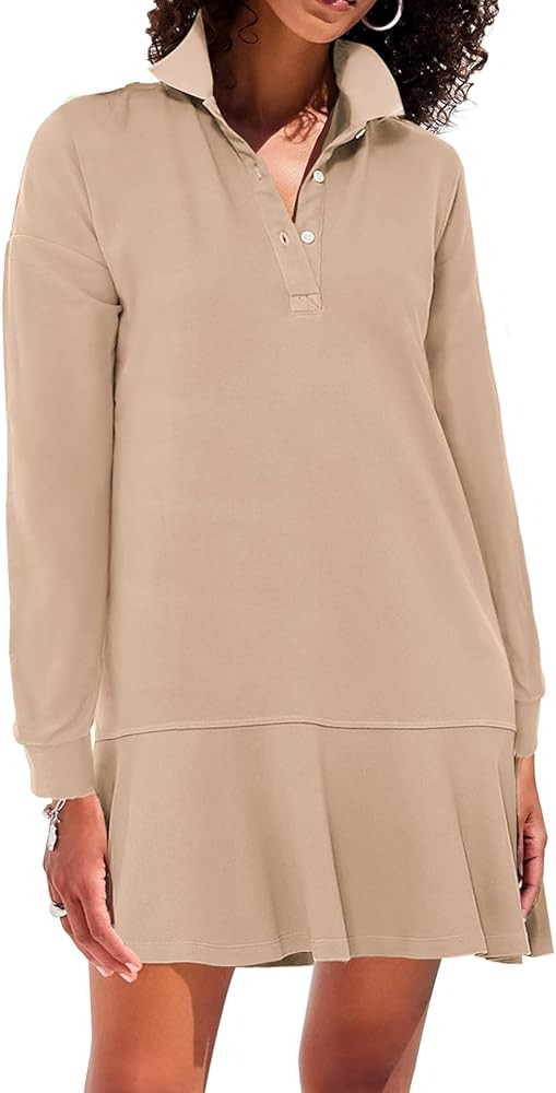 Women's Polo Dress Long Sleeve Collared V-Neck Ruffle Hem Fall Shirt Mini Dresses | Amazon (US)