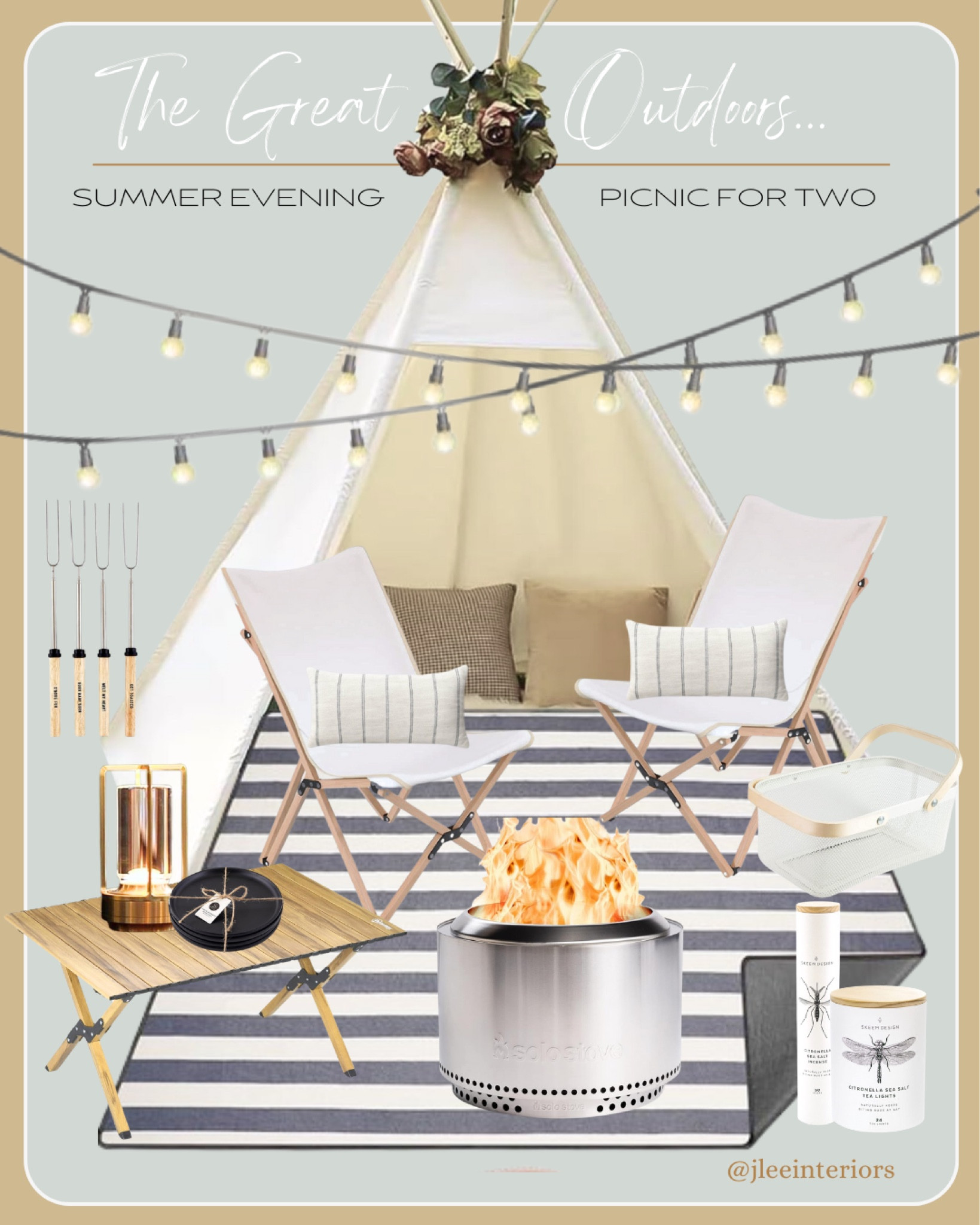 Camping doesn’t have to be synonymous with camo prints and hunter green, there are so many pretty options for styling a sophisticated, neutral glamping experience. Here’s a collage of some fun finds and gorgeous gadgets you might want to bring to your next night under the stars… S’mores anyone?!
(The rechargeable LED brass lantern is my fav.)
#Glamping #Camping #DateNightIdea #CanvasTent #TeePee #FirePit #SoloStove #SchemeDesign #Smores #SmoreKit #MarketLights #BugSpray #citronella #PicnicBasket #Picnic #PicnicItems #picnicchairs #PicnicTable #FoldingChair #Outdoor #OutdoorFurniture #OutdoorPillow #PicnicBlankets 

#LTKSeasonal #LTKfindsunder50 #LTKhome