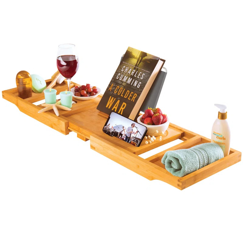 Luxury Bamboo Bathtub Tray Caddy - Expandable and Foldable Nonslip Bath Caddy with Book/Tablet an... | Wayfair North America