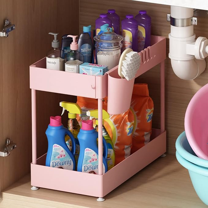 Under Sink Organizer, Under Bathroom Cabinet Storage 2 Tier Under Sink Storage Rack with 6 Hooks,... | Amazon (US)