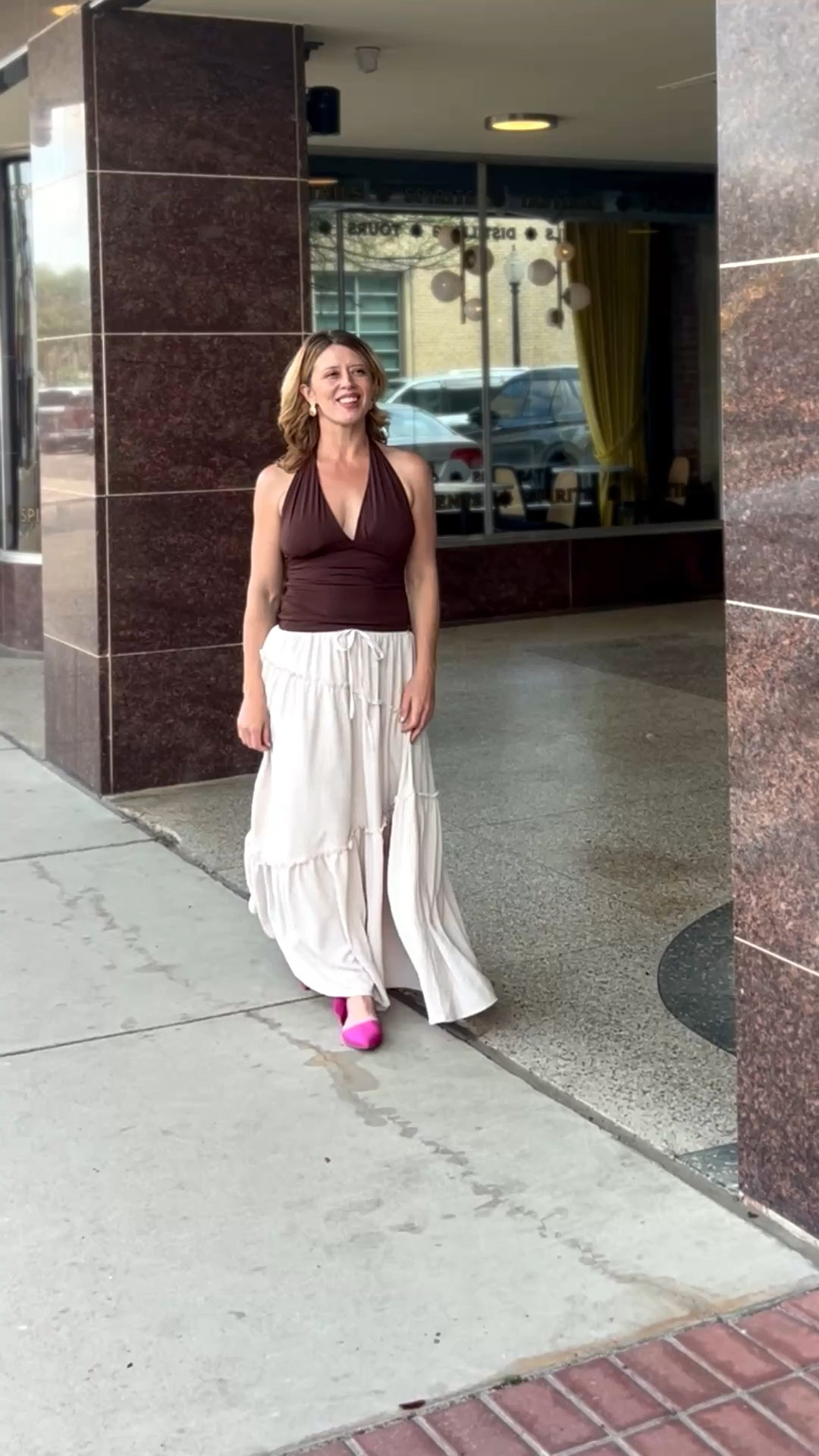 Spring Outfit you need now in your life! Espresso halter top, long beautiful cream skirt and a pop of pink! Add gold shell earrings for final touch 🤎🤍🩷

#LTKootd #LTKFestival #LTKdayinmylife