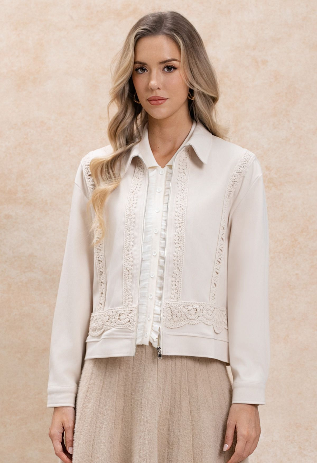 Floral Crochet Trim Collared Zip-Up Jacket in Ivory | Chicwish