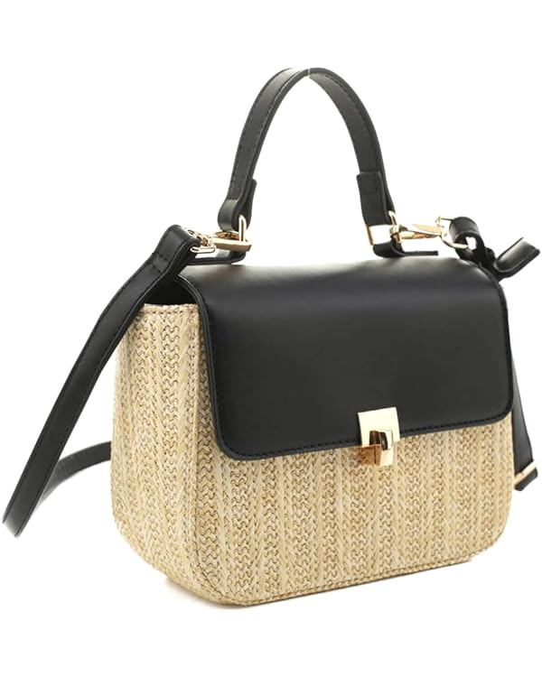 Womens Top-Handle Straw Rattan Structured Small Medium Flap Satchel Purse Crossbody Bag | Amazon (US)
