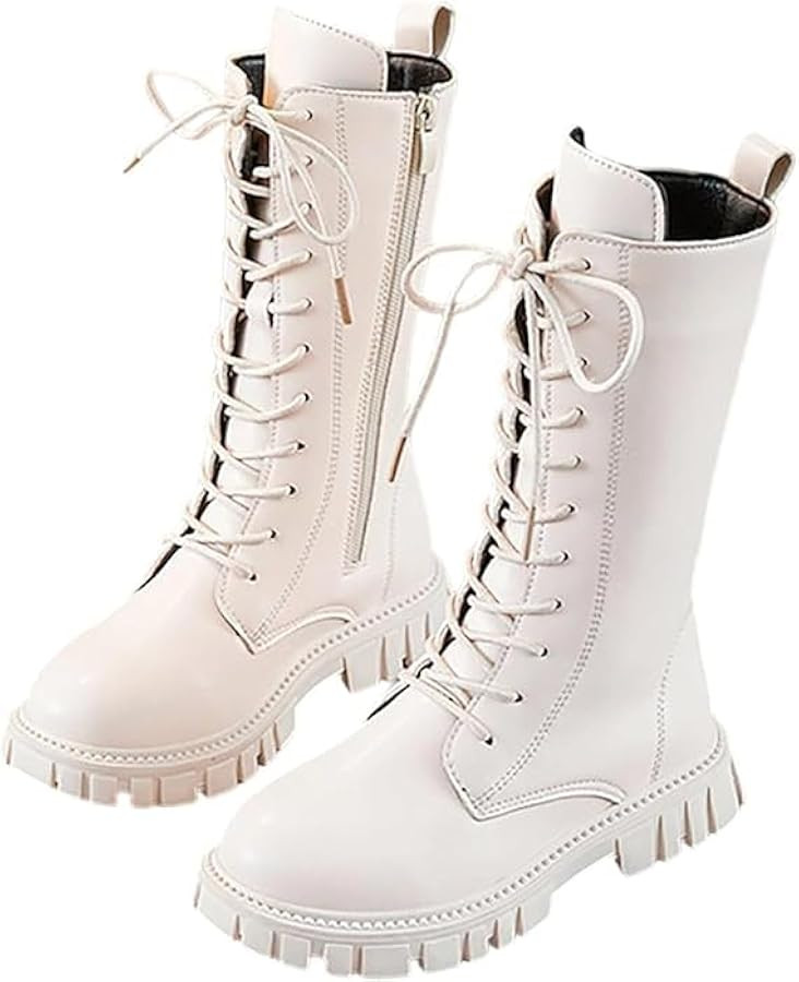 Combat Boots for Girls Lace Up Riding Boots Mid Calf Fashion Waterproof Non Slip Side Zipper Punk... | Amazon (US)