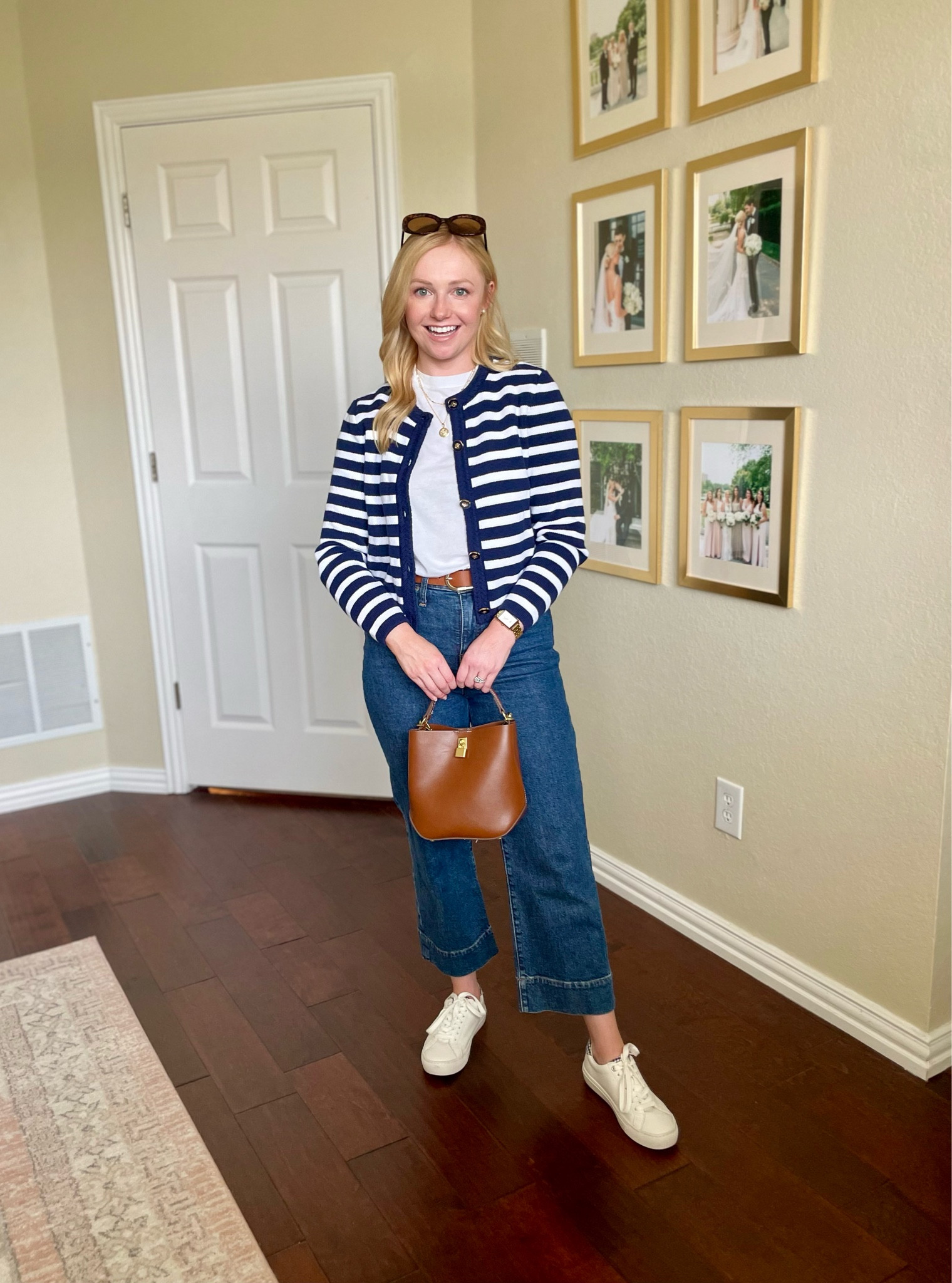 Casual spring outfit! Exact jeans are old but still in stock in a few sizes. Linked similar options! | lady jacket, coastal style, preppy outfit, cardigan, wide leg jeans, petite jeans, cropped jeans, white sneakers 

#LTKstyletip #LTKSeasonal #LTKfindsunder100