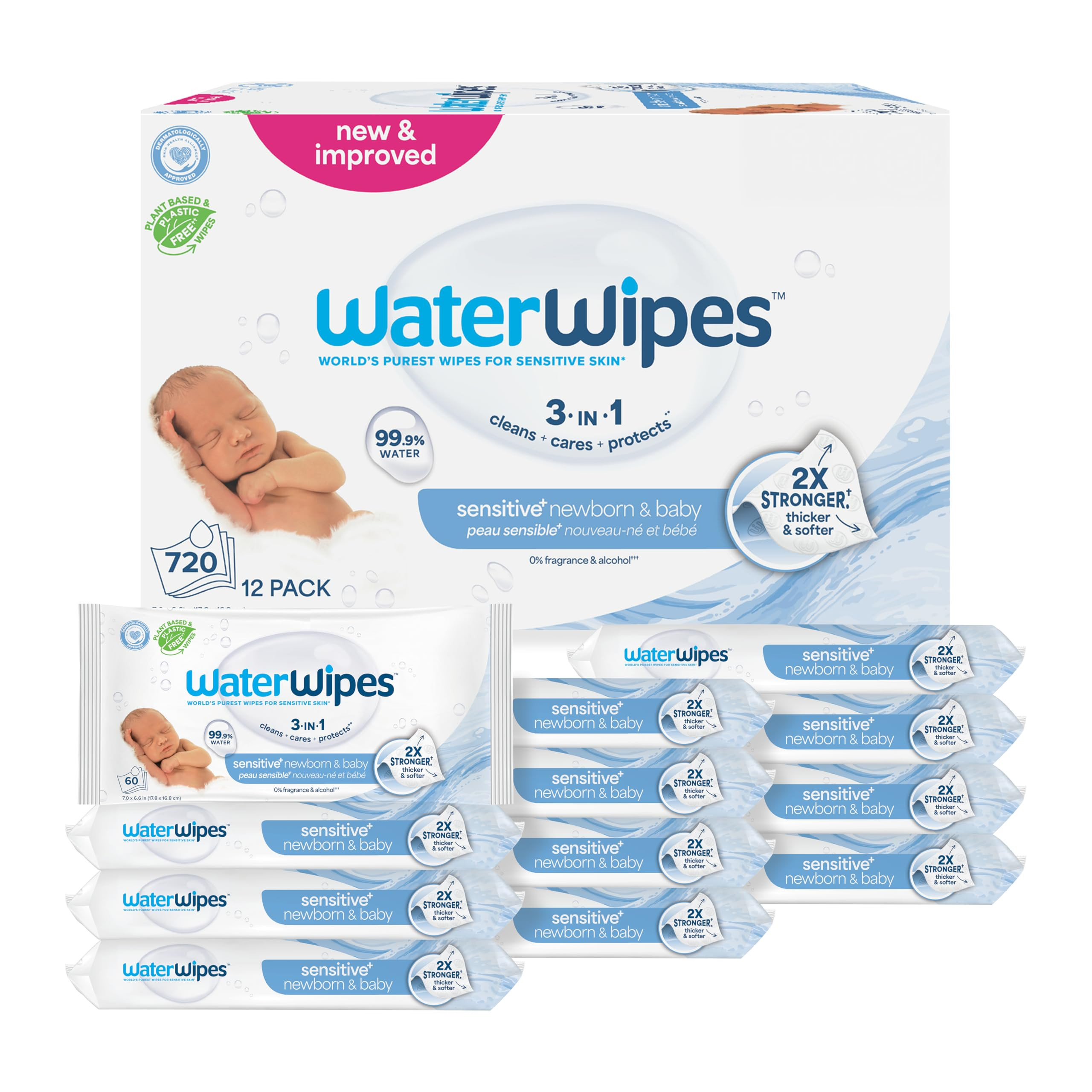 WaterWipes Sensitive+ Newborn & Baby Wipes, 3-In-1 Cleans, Cares, Protects, 99.9% Water, Unscente... | Amazon (US)
