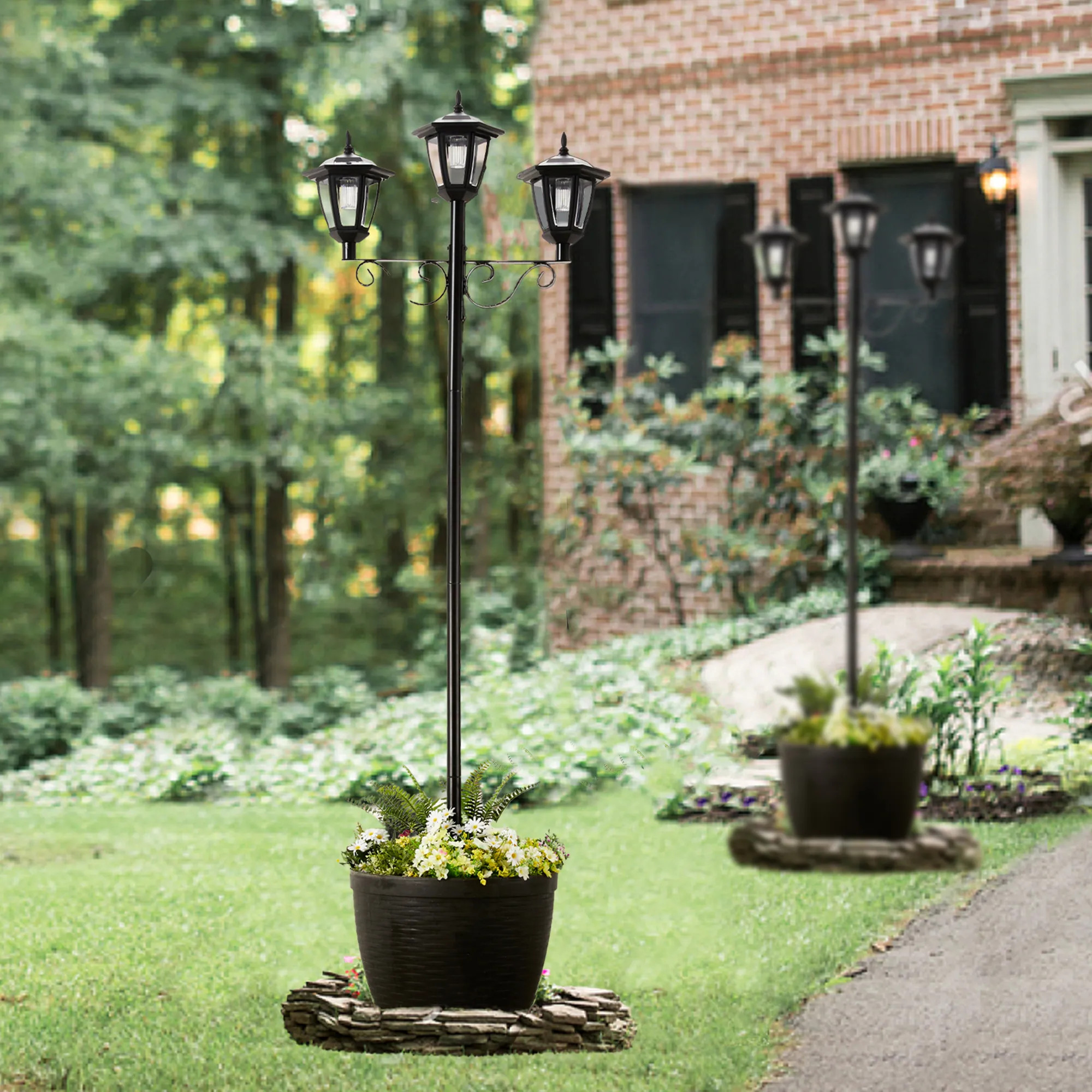 Glitzhome Set of 2 74"H Solar Three Head Street Light with Planter Pot Pathway Lamp - On Sale - O... | Overstock