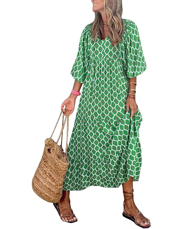 miduo Womens Loose Fit Casual Summer V Neck Half Sleeve Bohemian Geometric Pattern Maxi Long Dres... | Amazon (US)