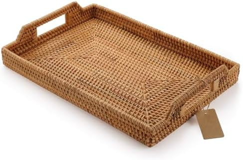 Hand-Woven Rattan Rectangular Serving Tray with Handles for Breakfast, Drinks, Snack for Coffee T... | Amazon (US)