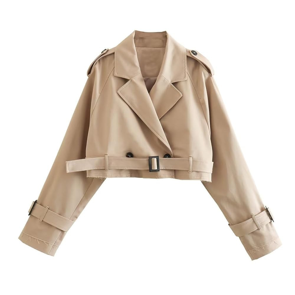 Xiaoxuemeng Womens Cropped Bike Jacket Casual Double Breasted Trench Coat with Belt | Amazon (US)